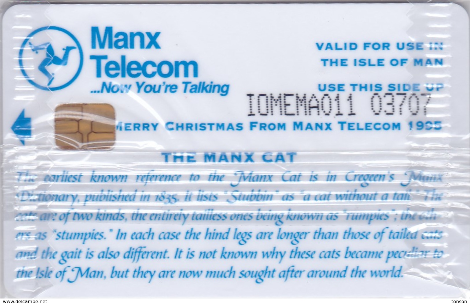 Isle Of Man, MAN 099, Merry Christmas From Manx Telecom 1995, The Manx Cat, Mint In Blister, 2 Scans. - Man (Ile De)