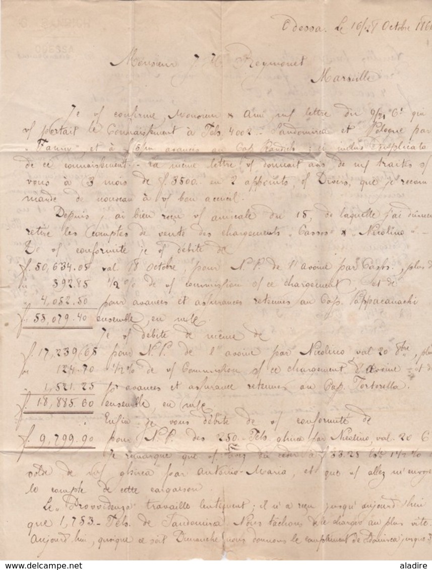 1866 - Lettre Avec Correspondance En Français D' Odessa, Empire Russe (auj. Ukraine) Vers Marseille, France - AVOINE - Briefe U. Dokumente