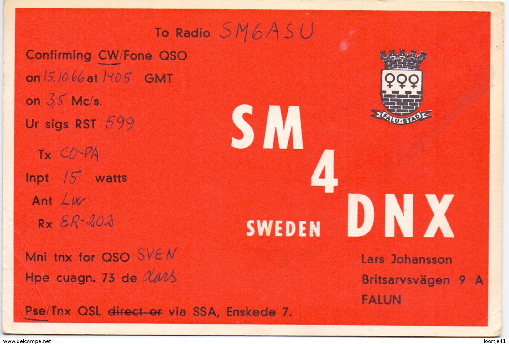 QSL Kaart Carte - Radio - SM 4 DNX - Lars Johansson - Falun - Sweden - Autres & Non Classés