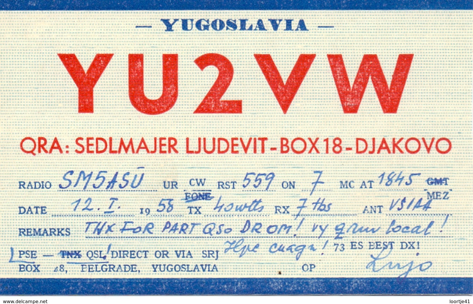 QSL Kaart Carte - Radio - YU2VW - Yugoslavia - QRA Sedlmajer Ljudevit - Djakovo - 1958 - Autres & Non Classés