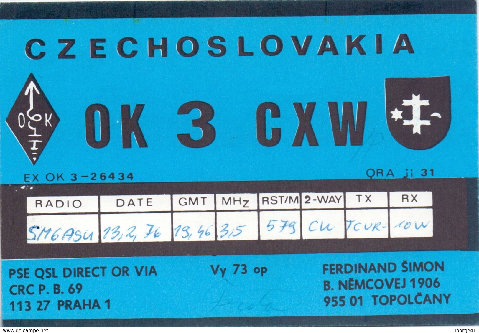 QSL Kaart Carte - Radio - OK 3 CXW - Czechoslovakia - Ferdinand Simon Topolcany - Praha 1976 - Autres & Non Classés