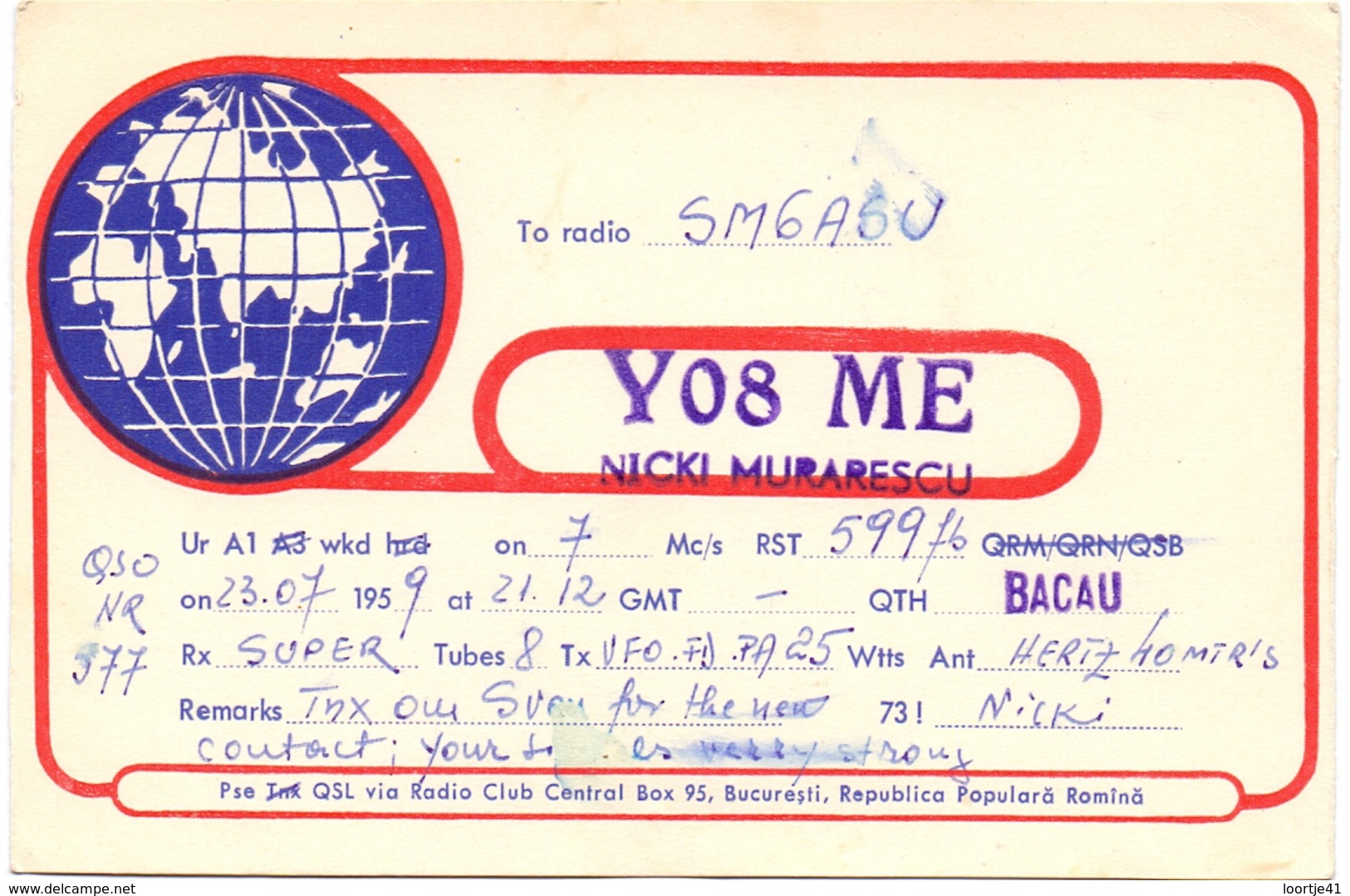 QSL Kaart Carte - Radio - YO8ME - Nicki Murarescu - QTH Bacau - Romina 1959 - Autres & Non Classés