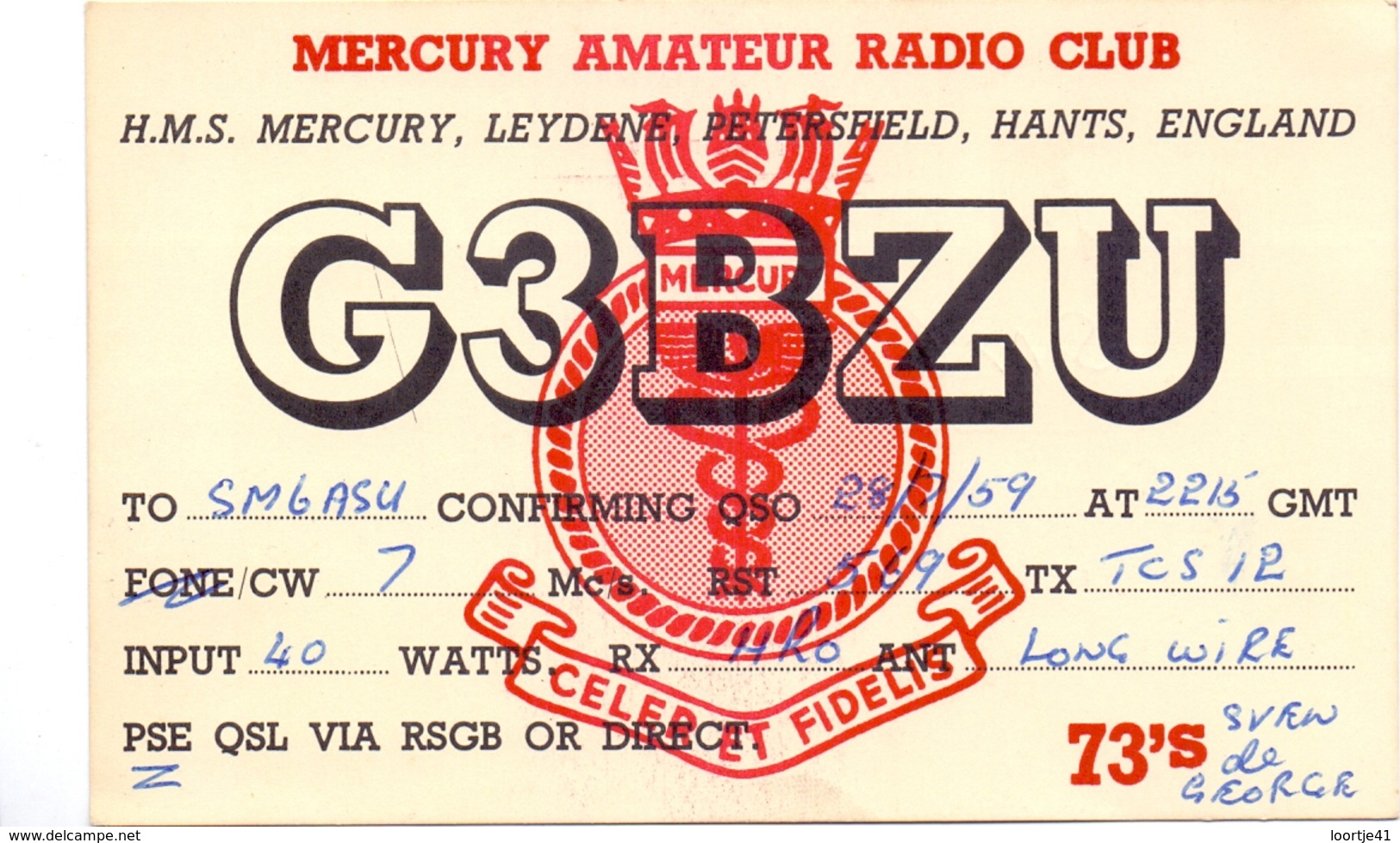 QSL Kaart Carte - Radio - G3BZU - HMS Mercury Leydene Petersfield Hants England 1959 - Autres & Non Classés