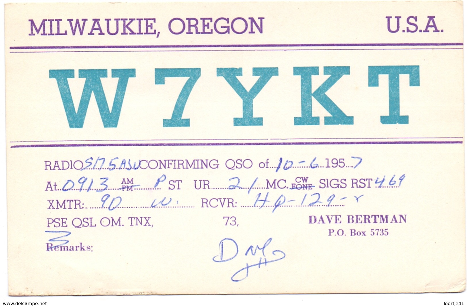 QSL Kaart Carte - Radio - W7YKT - PSE - Dave Bertman Milwaukie Oregen USA 1957 - Autres & Non Classés