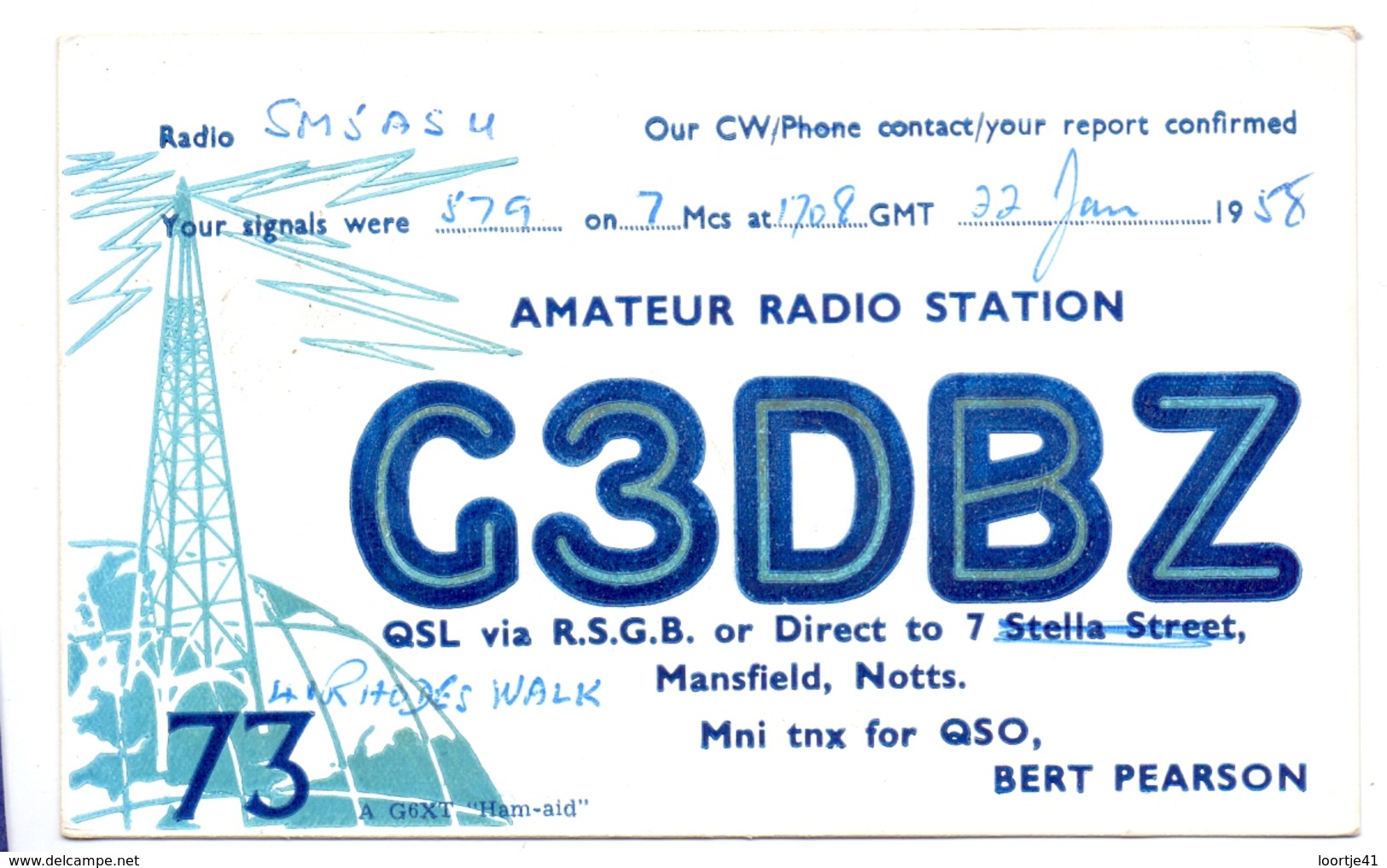 QSL Kaart Carte - Radio - G3DBZ - Bert Pearson - Mansfield , Notts. QSO 1958 - Autres & Non Classés