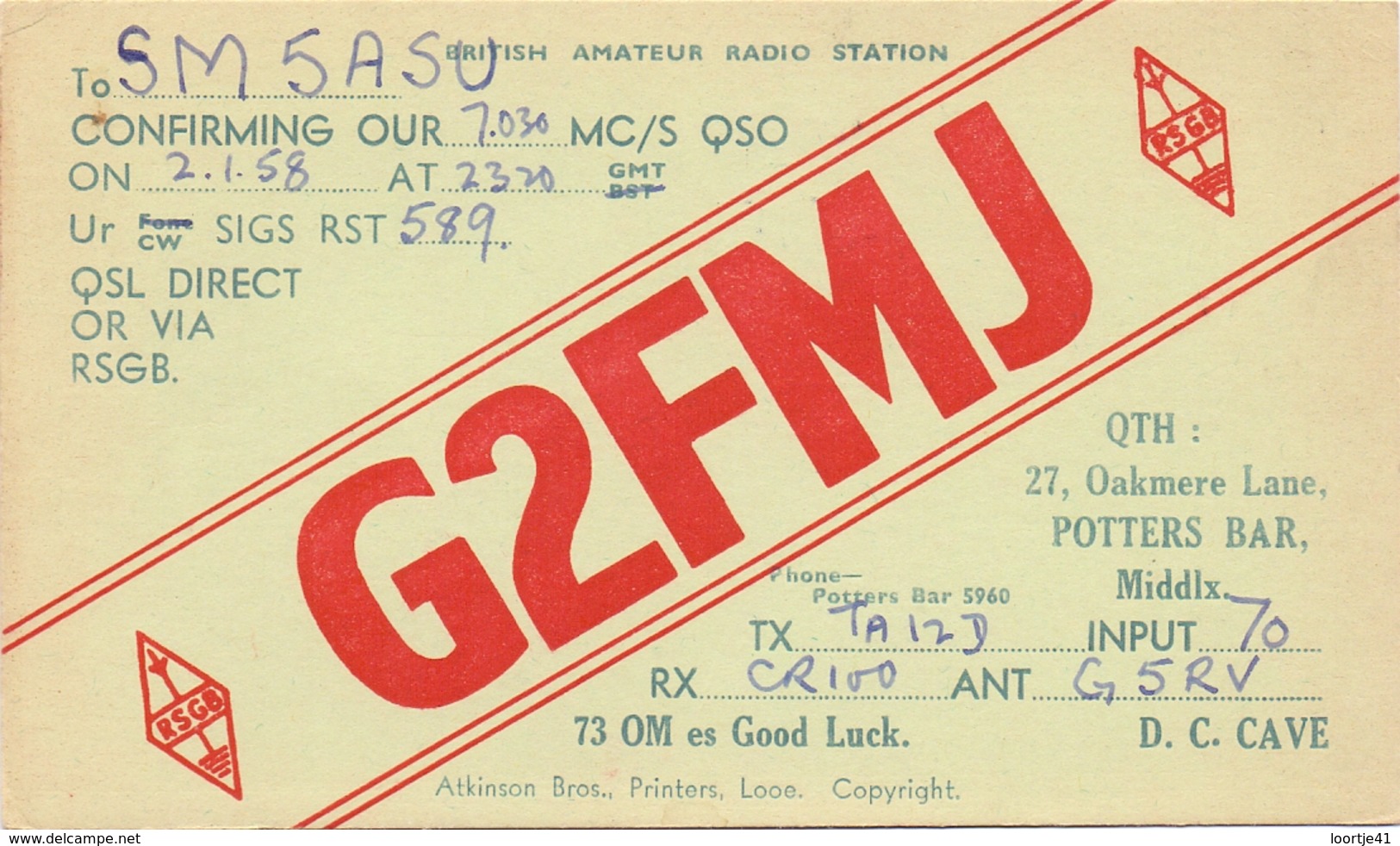 QSL Kaart Carte - Radio - G2FMJ - QTH Potters Bar Middlx 1958 - Autres & Non Classés