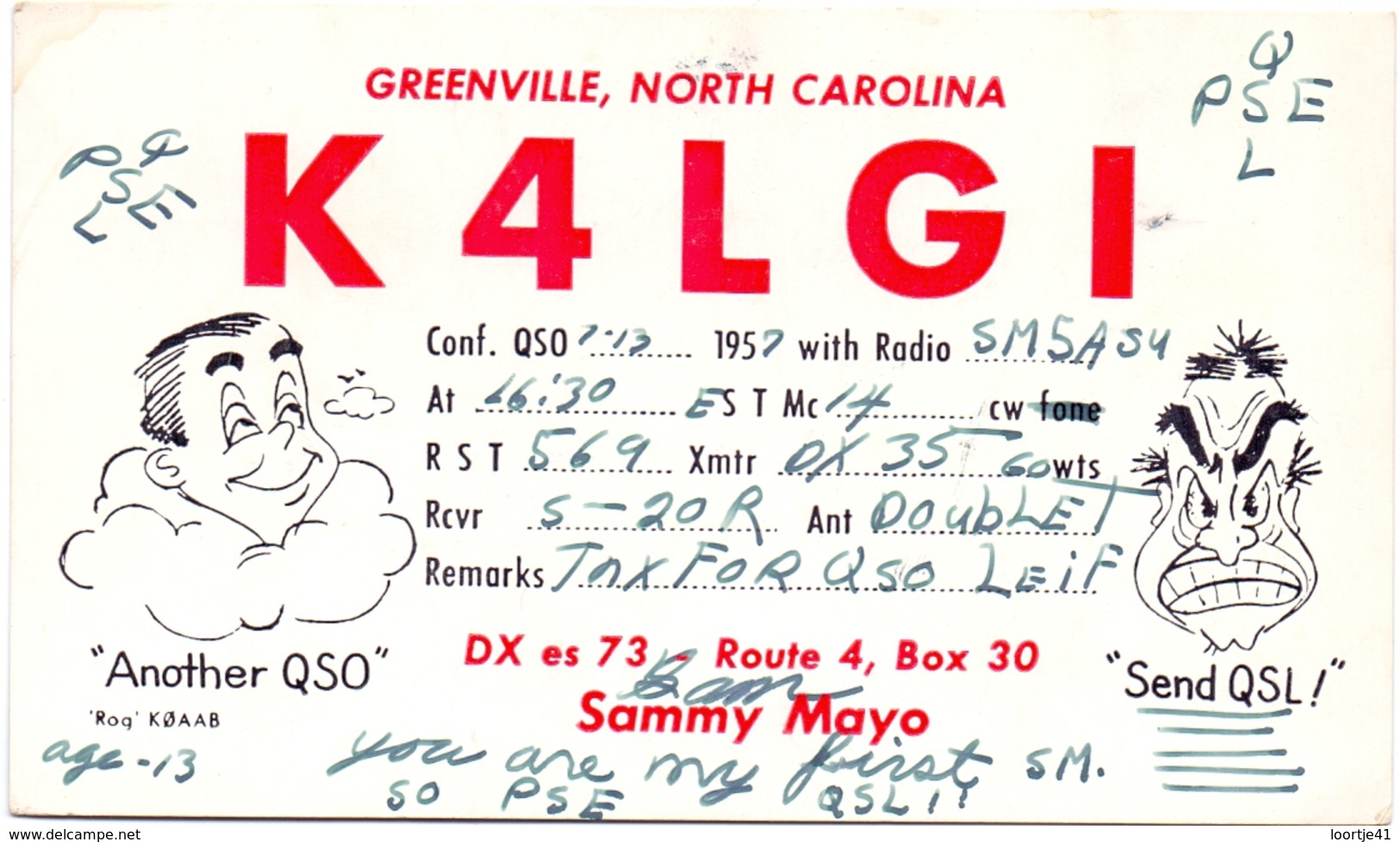 QSL Kaart Carte - Radio - K4LGI - QSO - Sammy Mayo - Greenville North Carolina 1957 - Autres & Non Classés