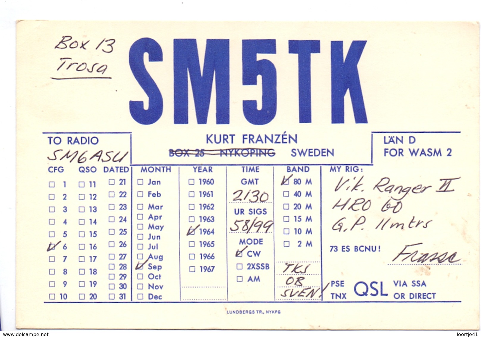 QSL Kaart Carte - Radio - SM5TK - Kurt Franzen Sweden - 1964 - Autres & Non Classés