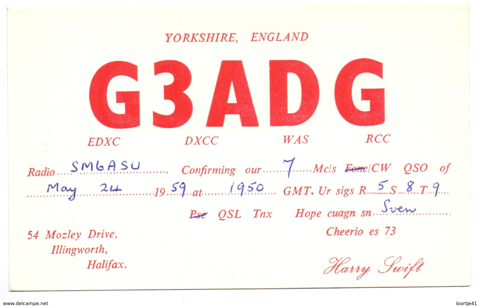 QSL Kaart Carte - Radio - G3ADG - Harry Swift - Illingworth Halifax - Yorkshire England - 1950 - Autres & Non Classés