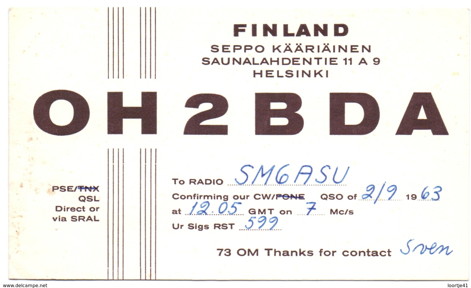 QSL Kaart Carte - Radio - OH2BDA - Seppo Kääriäinen - Helsinki 1963 - Autres & Non Classés