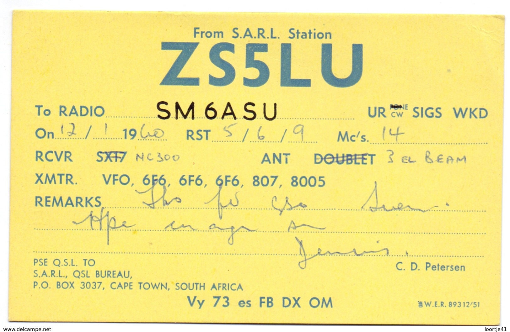 QSL Kaart Carte - Radio - ZS5LU - Cape Town - South Africa - 1960 - Autres & Non Classés