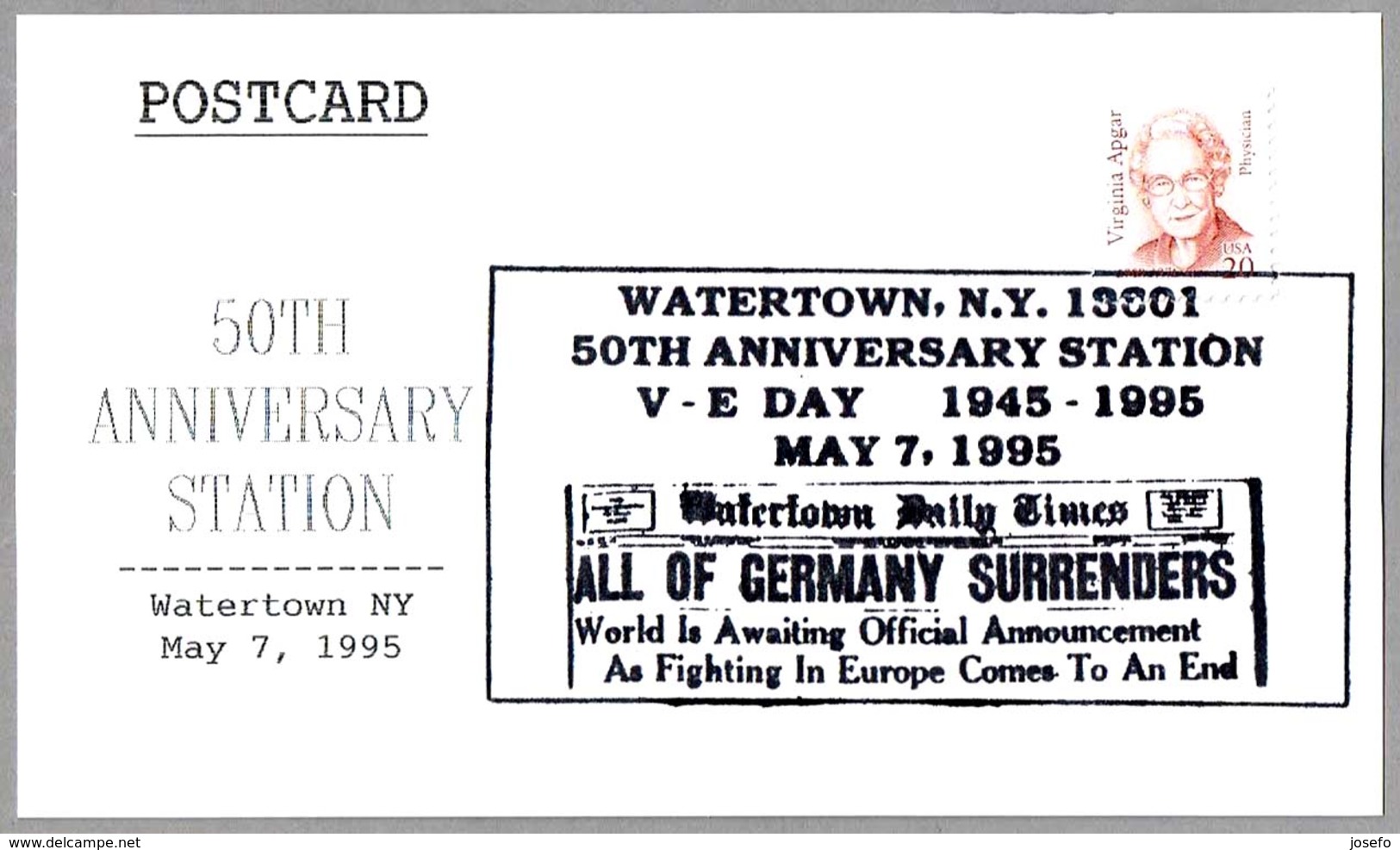 50 Años VICTORIA EN EUROPA - VE DAY. Watertown NY 1995 - WW2 (II Guerra Mundial)