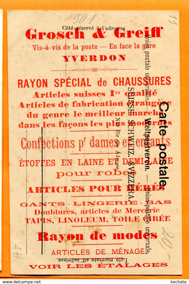 CAL858, Souvenir D'Yverdon, Rue De La Poste, 507, Précurseur, Au Dos: Publicité Grosch & Greiff Yverdon - Yverdon-les-Bains 