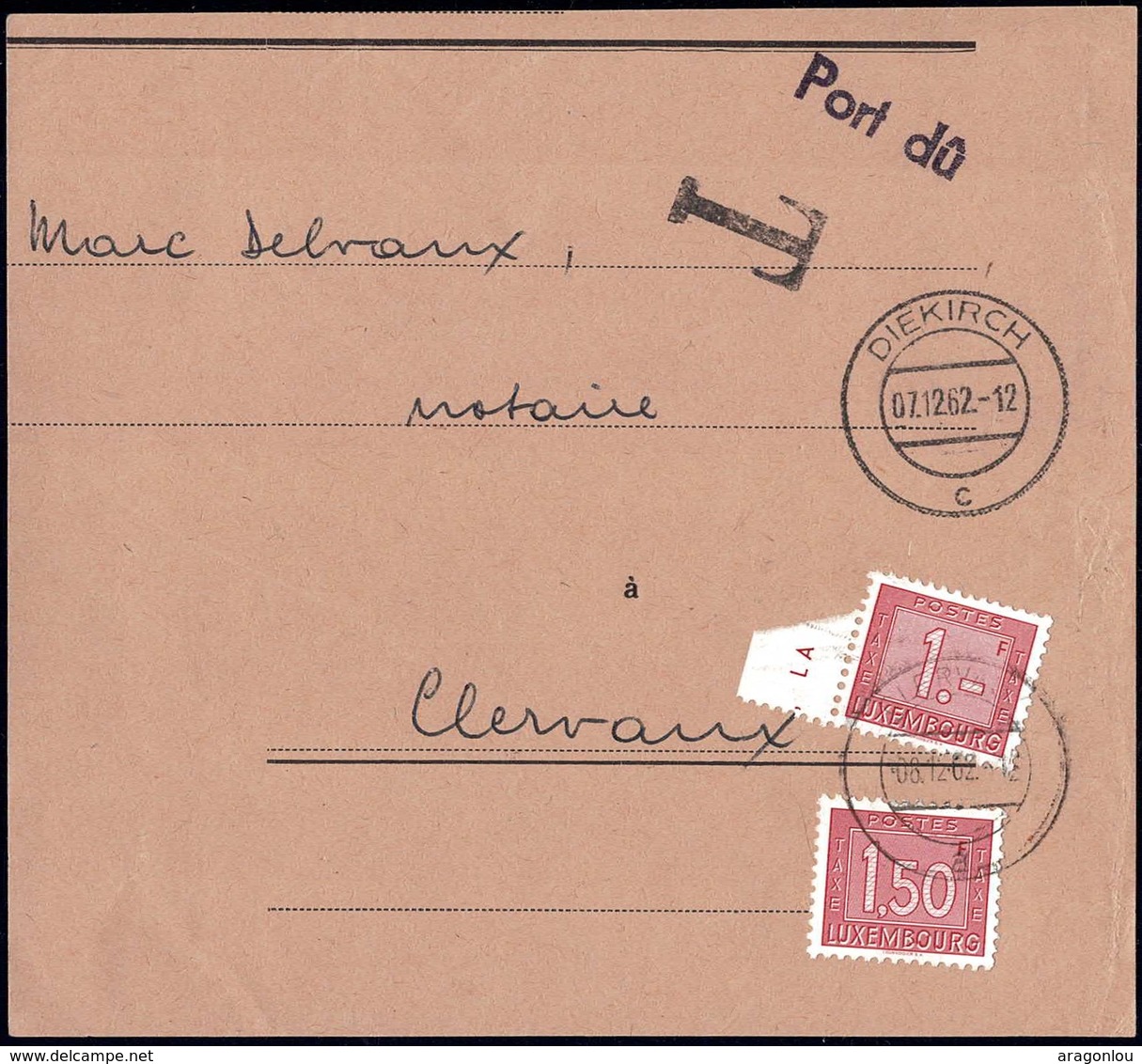 1963: Fragment De Lettre Taxes III, Cachet Diekirch 7.12.1962, Michel 2019: 30,31 - Portomarken
