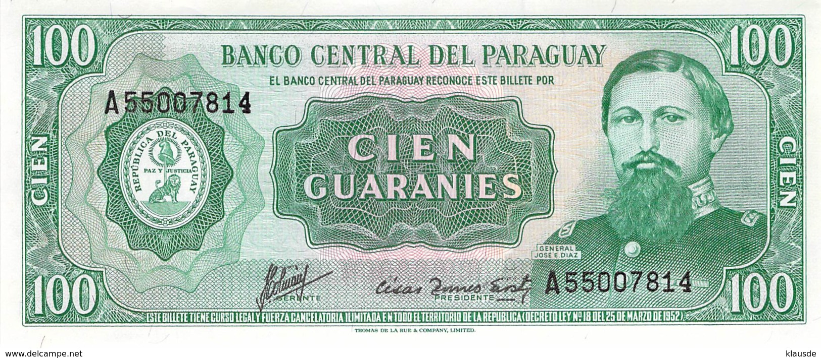 100 Guaranies Paraquay 1952 - Paraguay