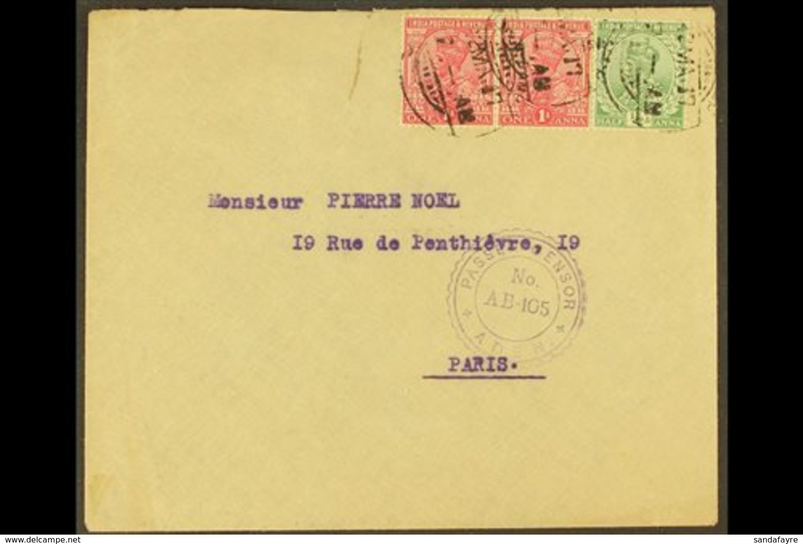 \Y 1917 CENSOR COVER.\Y (22 May) Envelope To Paris Bearing India KGV ½a And 1a Pair, Tied By Aden Camp Cds's; Alongside  - Aden (1854-1963)