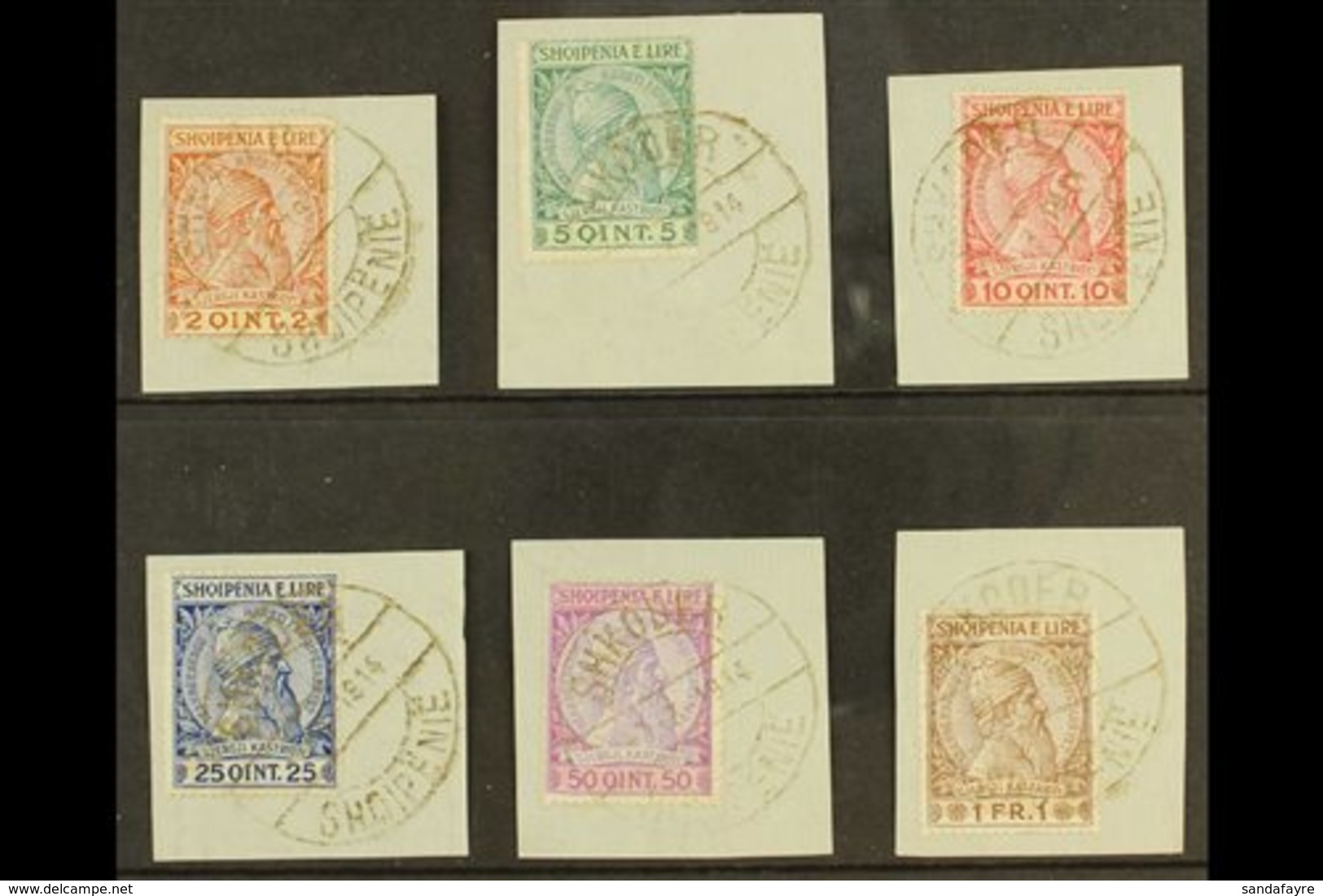 \Y 1913\Y Skanderbeg Complete Set Of Six, Mi 29/34, With Each Value On A Separate Piece Cancelled By "SHKODER / SHQIPENI - Albania