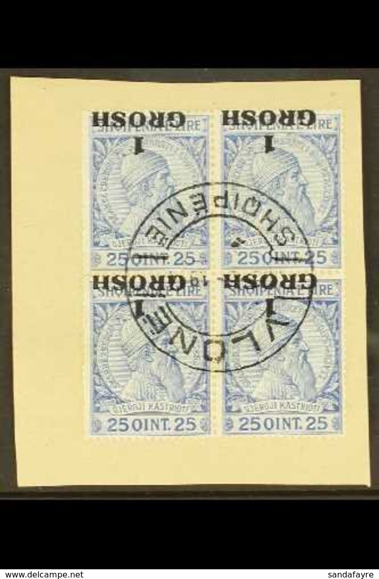 \Y 1914\Y 1 Grosh On 25q "INVERTED SURCHARGE", SG 43a, Very Fine Used Block Of 4 "on Piece" With Central, Inverted "VLON - Albania