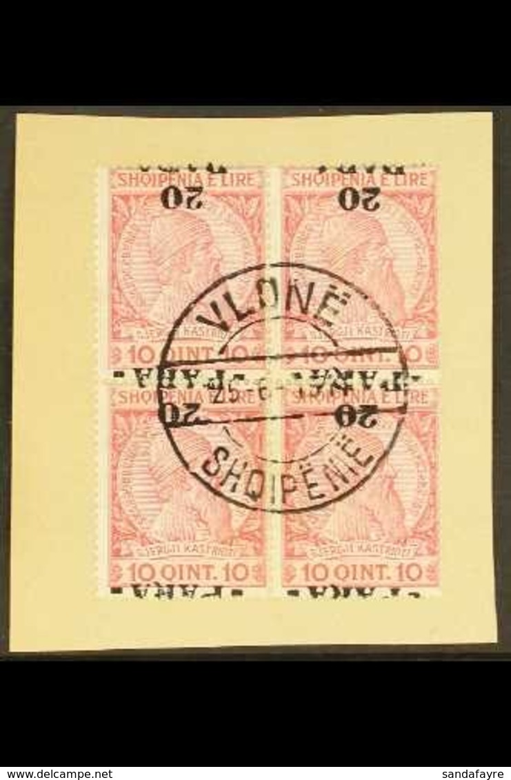 \Y 1914\Y 20pa On 10q Carmine & Rose "INVERTED SURCHARGE", SG 42a, Very Fine Used Block Of 4 "on Piece" With Central "VL - Albania