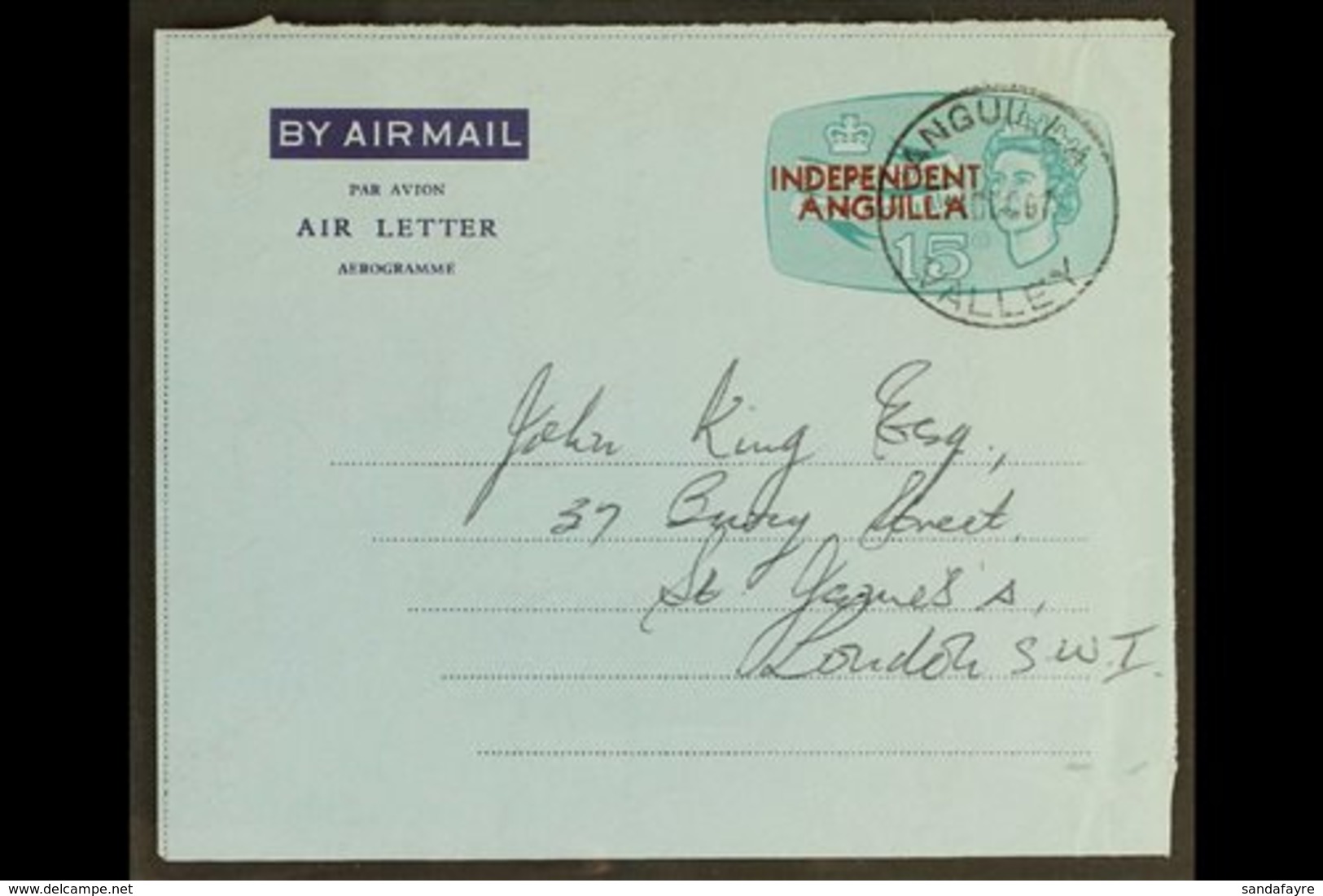 \Y 1967 USED AIR LETTER.\Y A Scarce Air Letter To London (11/12/67) With Philatelic Content (Postmaster, Anguilla Needin - Anguilla (1968-...)