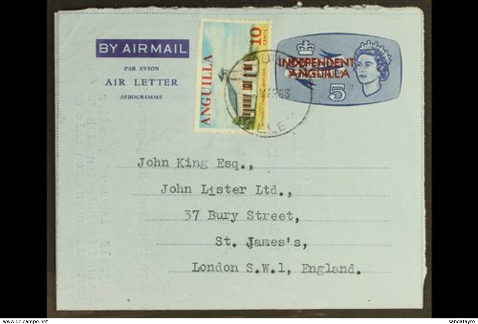 \Y 1968 USED AIR LETTER.\Y A Scarce, Uprated Air Letter To London (March 1968) With Philatelic Content, One Of Only 100  - Anguilla (1968-...)