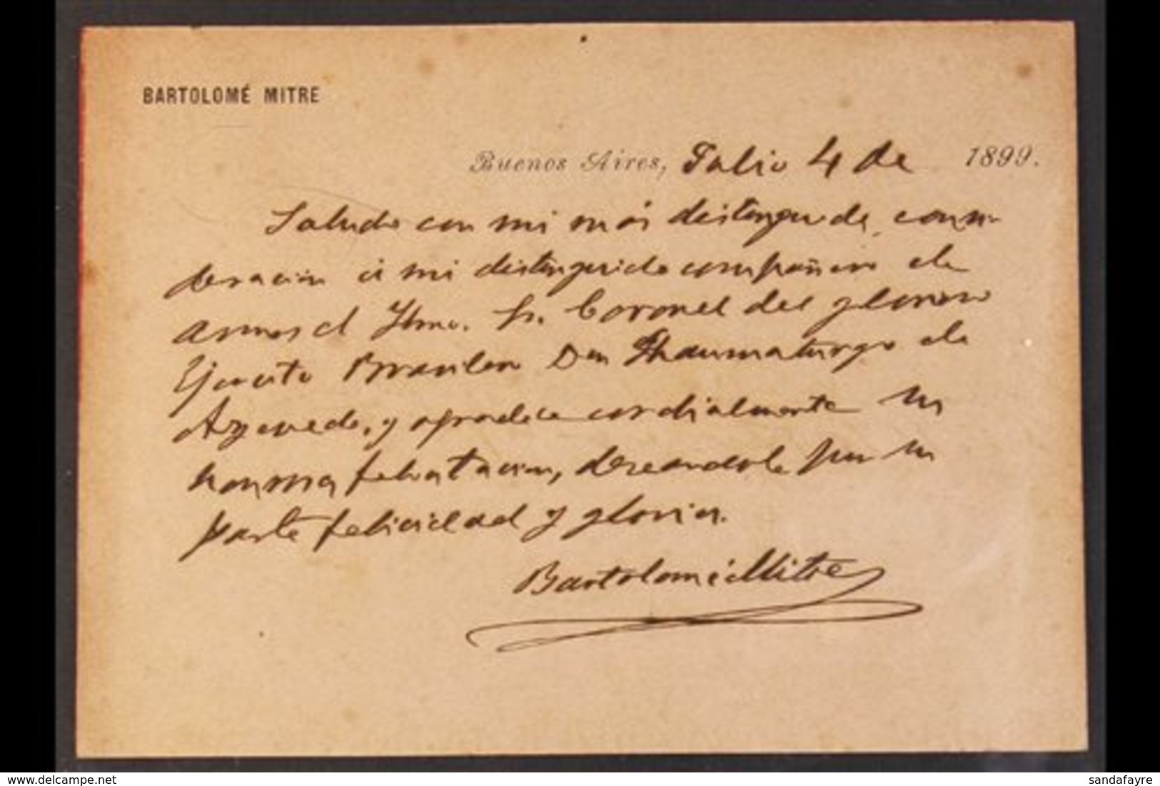 \Y BARTOLOME MITRE SIGNATURE.\Y 1899 Printed Personal Card With Long Manuscript Message, Signed BARTOLOME MITRE, Preside - Autres & Non Classés