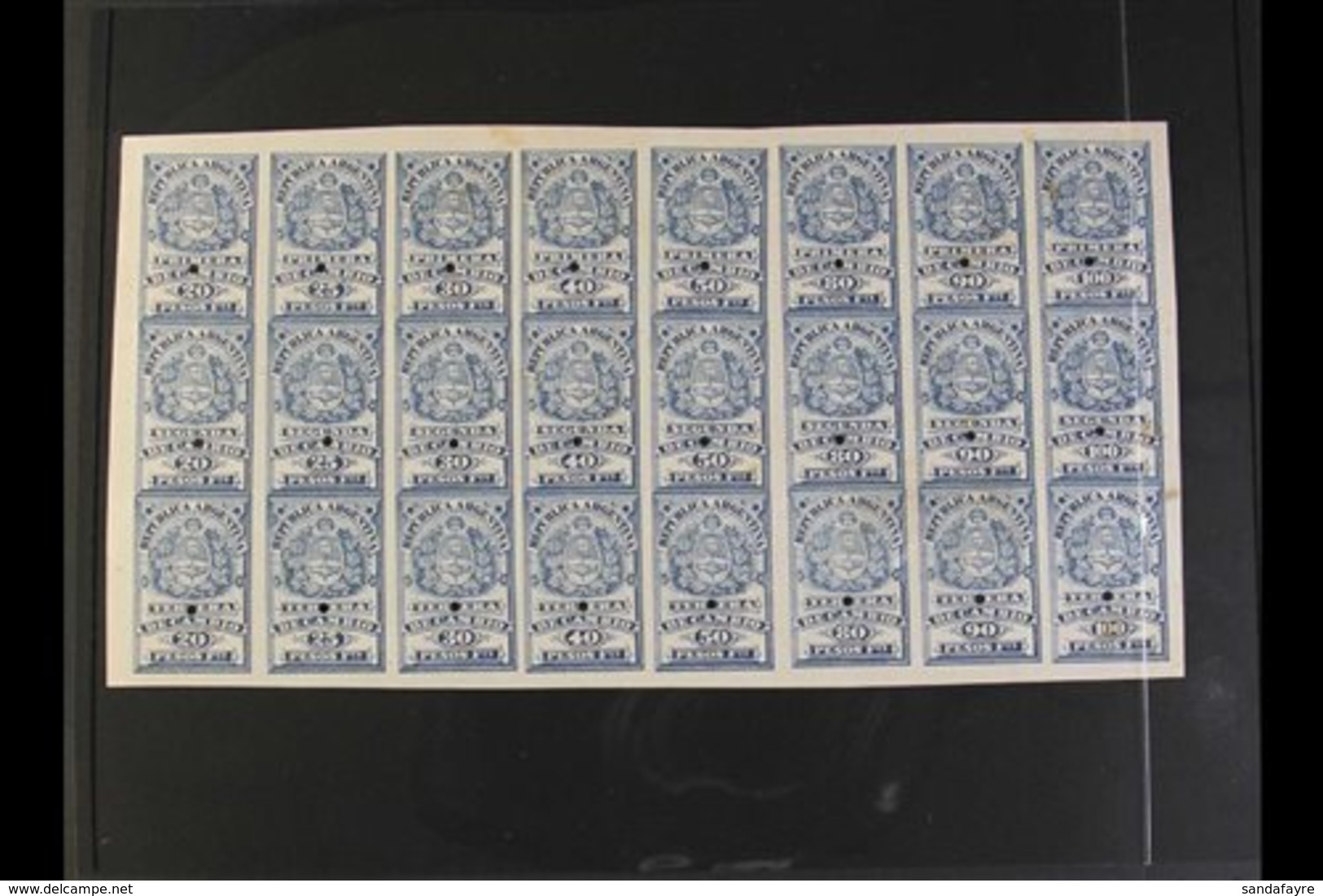 \Y REVENUES\Y BILLS OF EXCHANGE 1878 IMPERF PROOFS SE-TENANT BLOCK Of 24 (8x3) Printed In Blue On Ungummed Thick Card, C - Autres & Non Classés