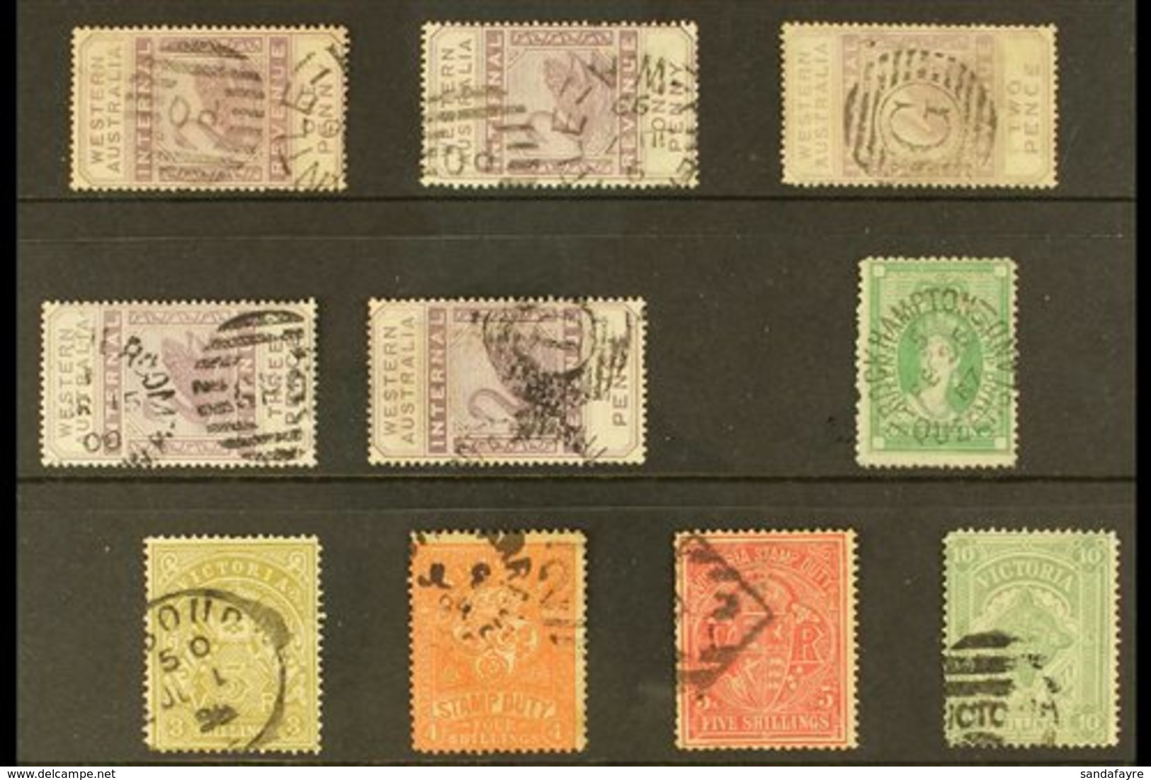 \Y POSTAL FISCALS\Y With Postally Used QUEENSLAND Stamp Duty 1s Green (SG F18); VICTORIA Stamp Duty 3s, 4s, 5s And 10s;  - Autres & Non Classés