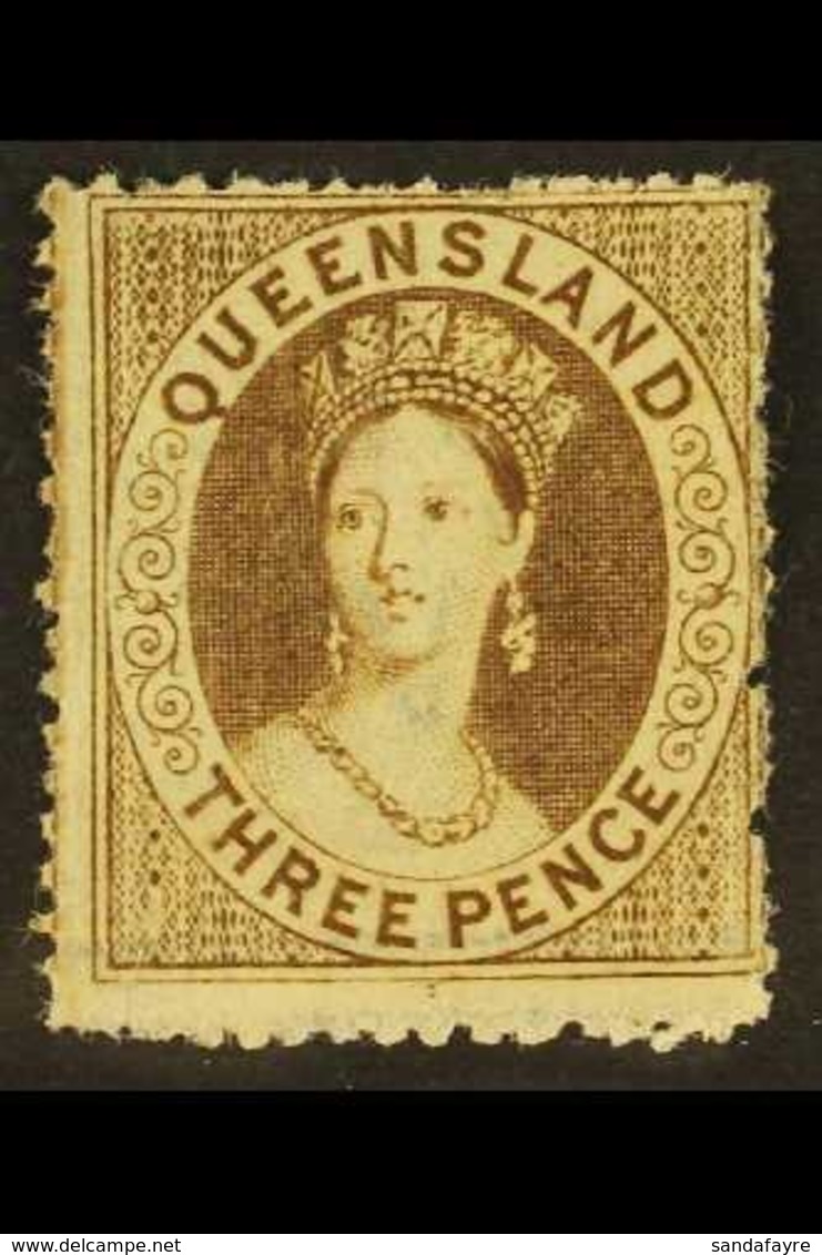 \Y QUEENSLAND\Y 1860-61 3d Brown Clean- Cut Perf, Wmk Small Star, SG 8, Mint, Fresh And Attractive But Short Repaired Co - Sonstige & Ohne Zuordnung