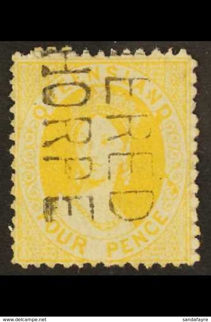 \Y QUEENSLAND\Y 1868-78 4d Yellow Perf 13, SG 89, Very Fine Used With Unusual 2-line Registered Town Cancel. For More Im - Sonstige & Ohne Zuordnung
