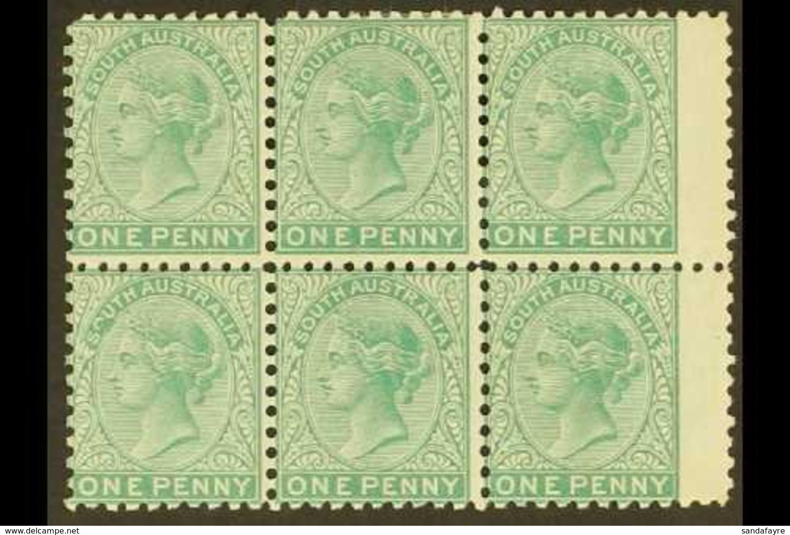 \Y SOUTH AUSTRALIA\Y 1876-1904 1d Deep Green, Perf 10, SG 167b, A Superb Mint BLOCK OF SIX With Five Of The Stamps Never - Other & Unclassified