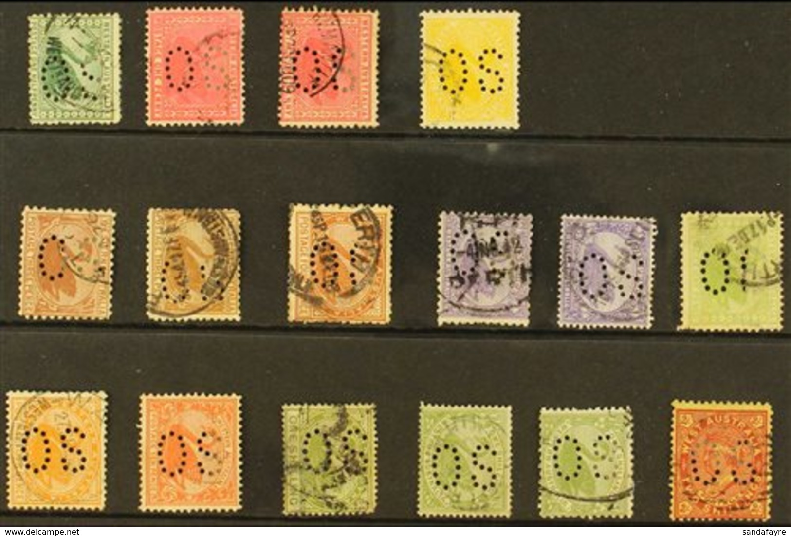 \Y WESTERN AUSTRALIA\Y OFFICIALS. A Selection Of "OS" Punctured Official Perfins With Values To 2s. Interesting (16 Stam - Sonstige & Ohne Zuordnung