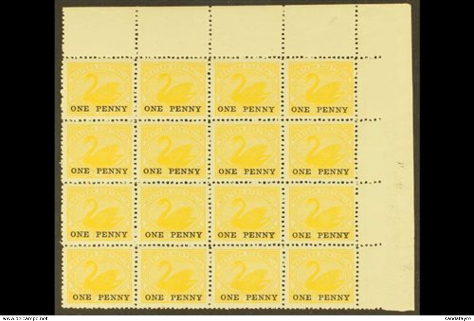 \Y WESTERN AUSTRALIA\Y 1912 1d On 2d Yellow Perf 12½x12, SG 172, Never Hinged Mint BLOCK OF SIXTEEN From The Top Right C - Other & Unclassified