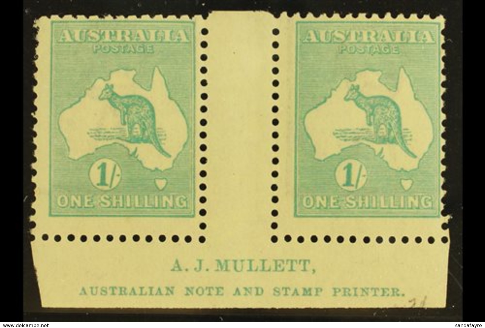 \Y 1915-27\Y 1s Blue-green 'Roo, Die IIB, SG 40b, Lower Marginal Gutter Pair With "A.J. MULLETT" Inscription, Never Hing - Other & Unclassified