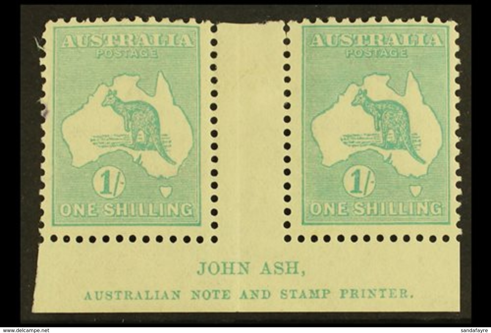 \Y 1915-27\Y 1s Blue-green, SG 40, JOHN ASH Imprint Gutter Pair, Mint, Tiny Ink Spot At Left. For More Images, Please Vi - Other & Unclassified