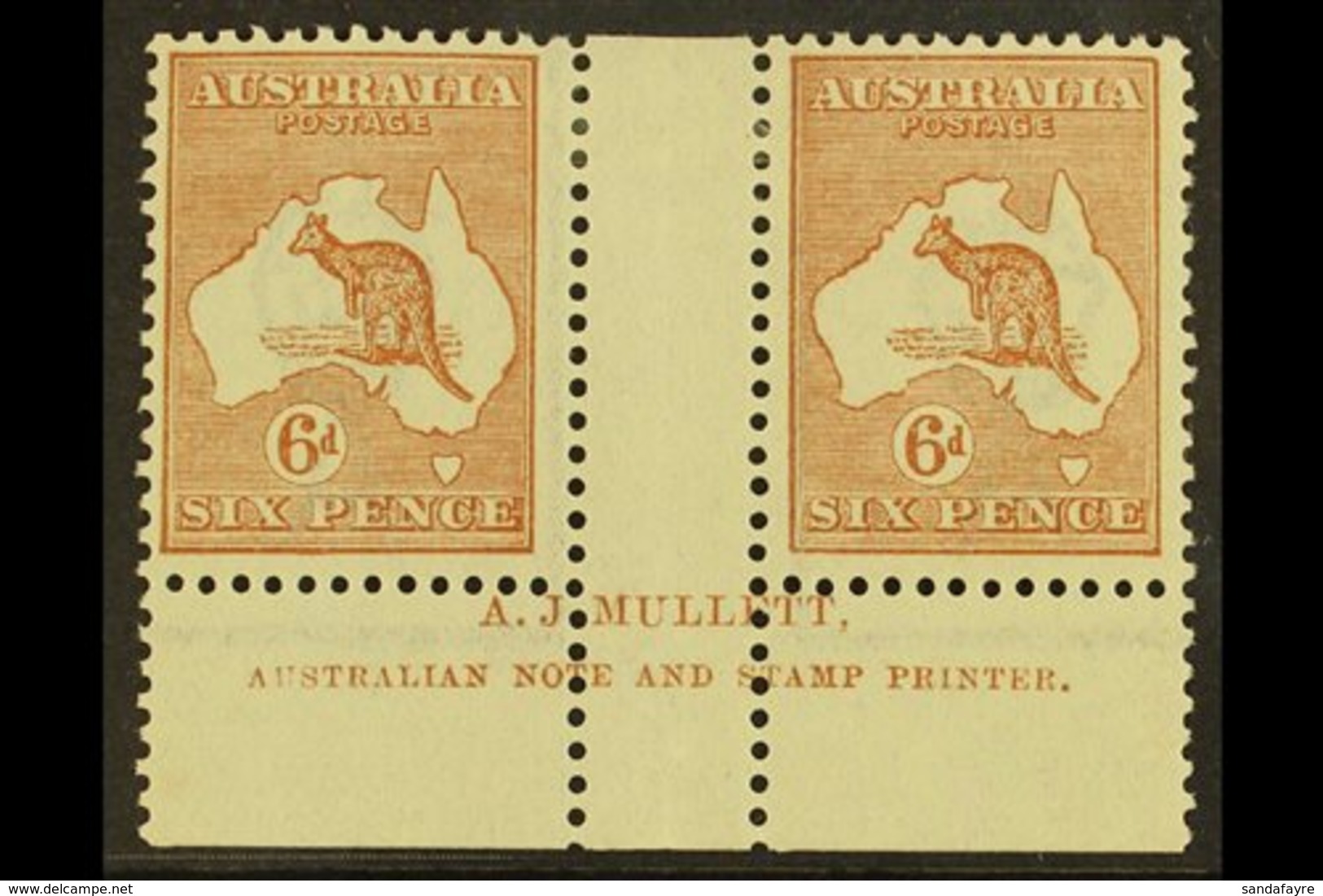 \Y 1923-24\Y 6d Chestnut Kangaroo, SG 73, MULLETT Imprint Gutter Pair From Plate 4, BW Spec 21zc, Very Fine Mint. For Mo - Autres & Non Classés