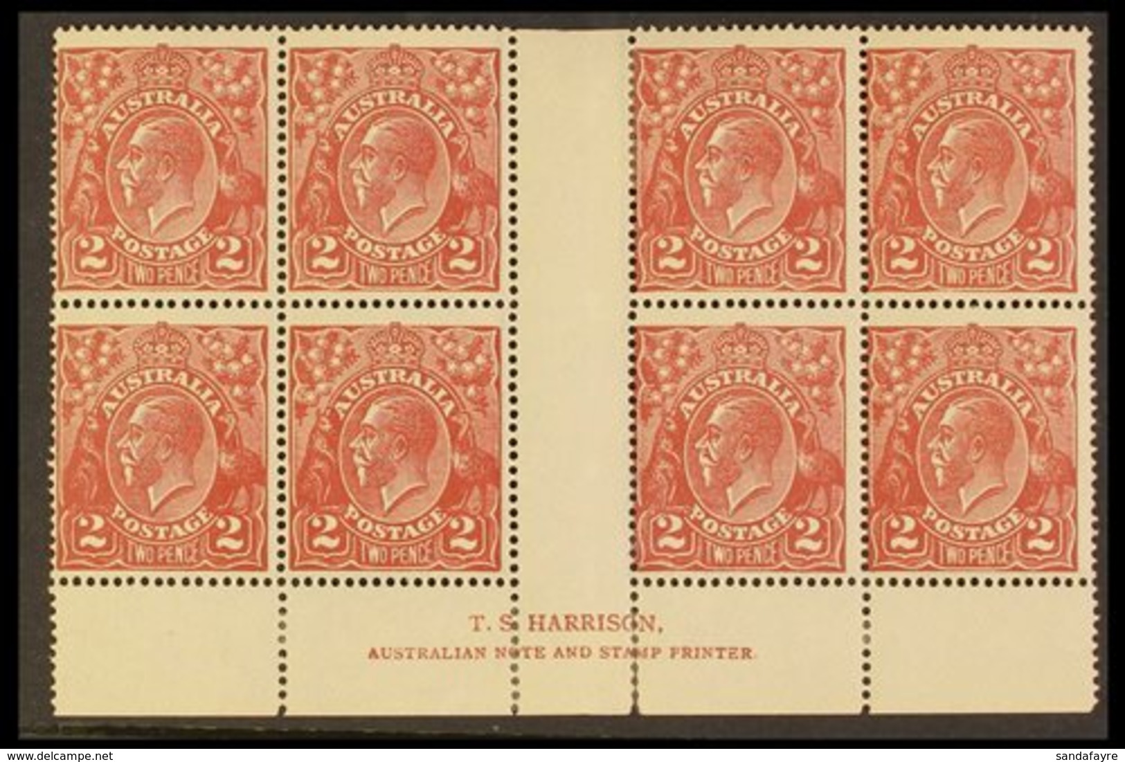 \Y 1924\Y KGV 2d Red-brown, SG 78, Lower Marginal INTERPANNEAU BLOCK OF EIGHT With Harrison Imprint, Mint (just One Stam - Other & Unclassified