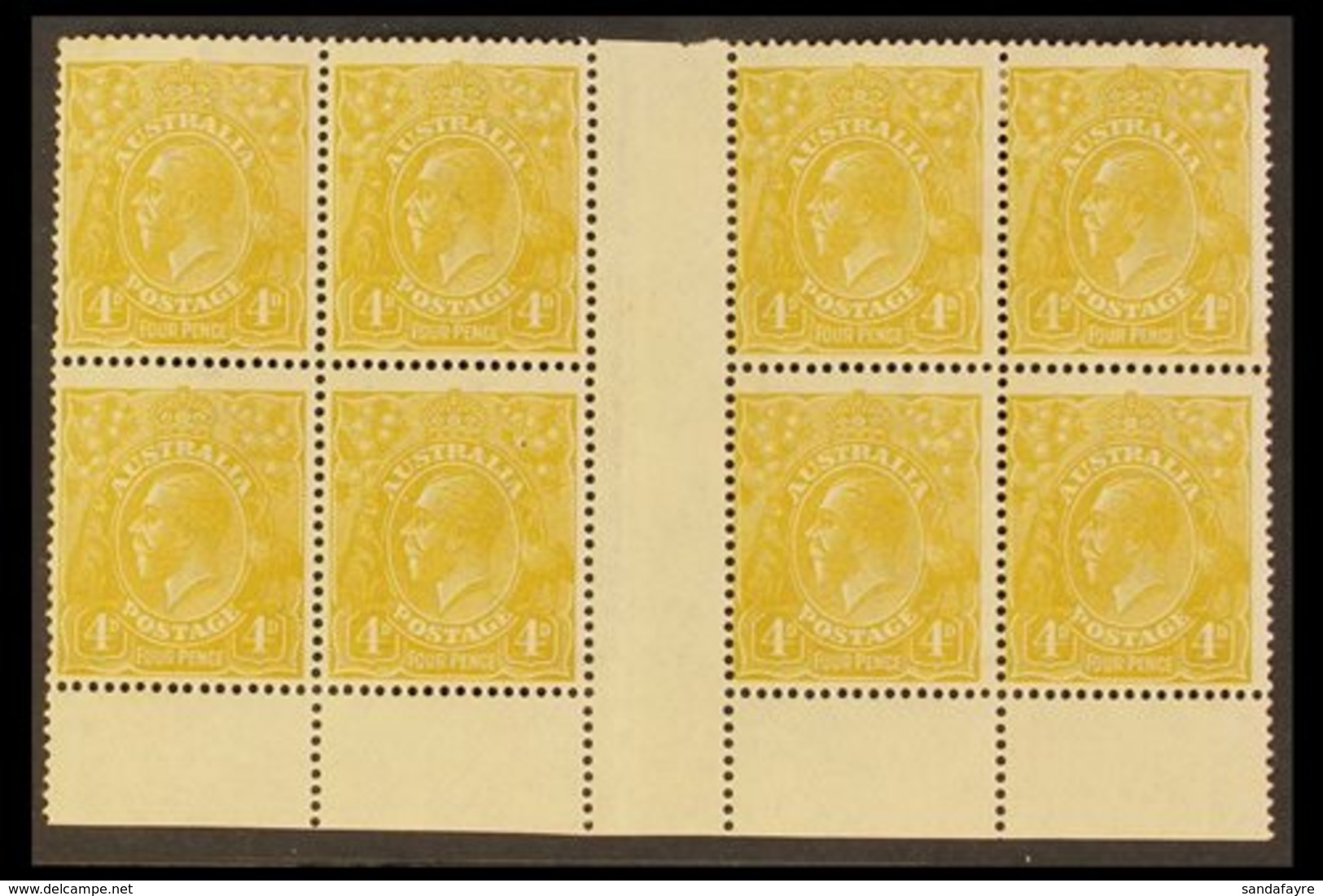 \Y 1924\Y KGV 4d Olive-yellow, SG 80, Lower Marginal INTERPANNEAU BLOCK OF EIGHT Mint, The Bottom Row Never Hinged, Ligh - Other & Unclassified