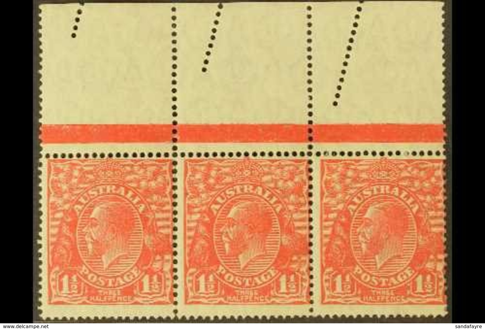 \Y 1926-30\Y 1½d Scarlet - Perf 14, SG 87, Horizontal Strip Of Three With Dramatic Perforation fault In Upper Margin, Ve - Other & Unclassified