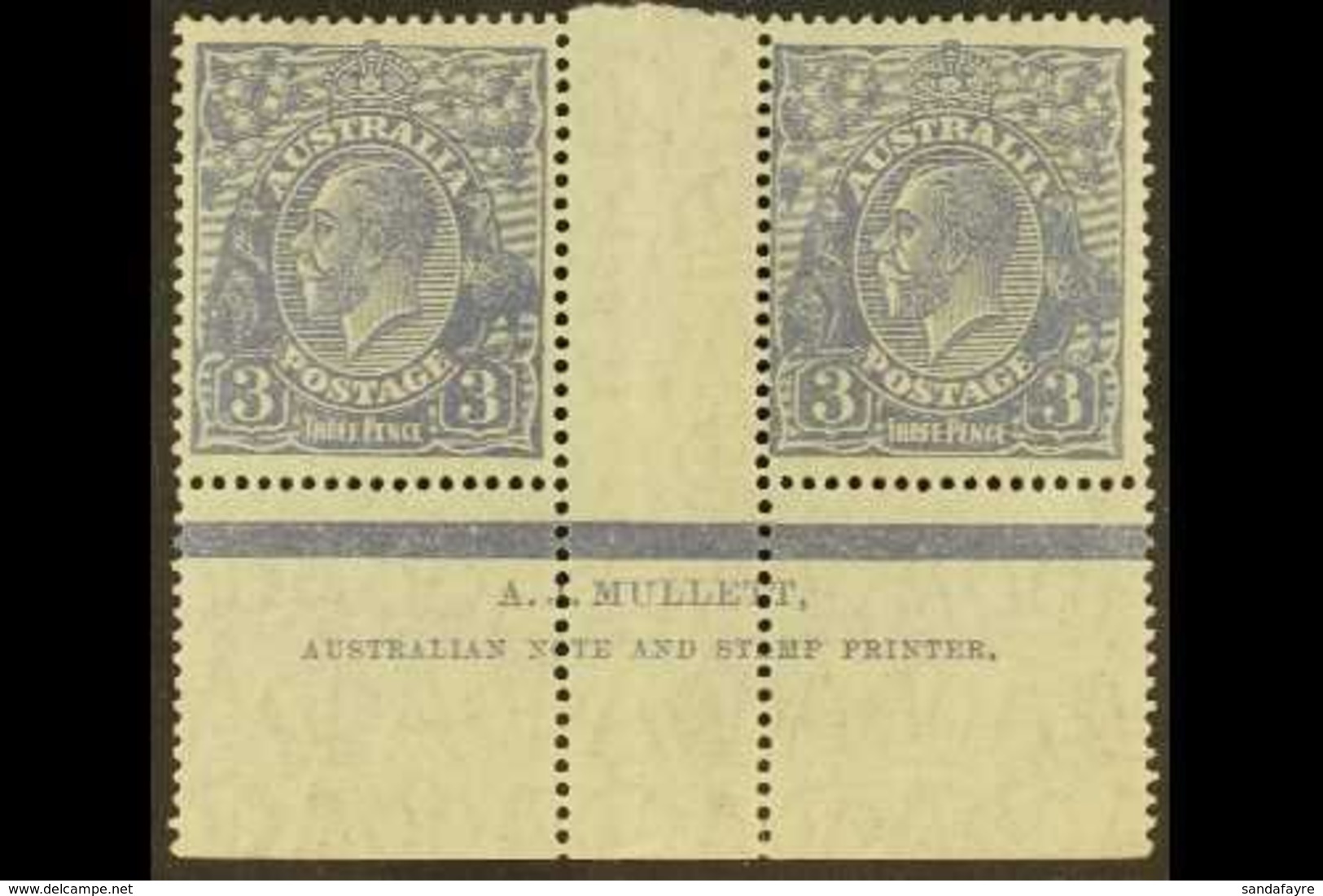 \Y 1926-30\Y 3d Dull Ultramarine KGV Head Perf 14, SG 90, Fine Mint Marginal Horizontal Gutter PAIR WITH MULLET IMPRINT  - Other & Unclassified