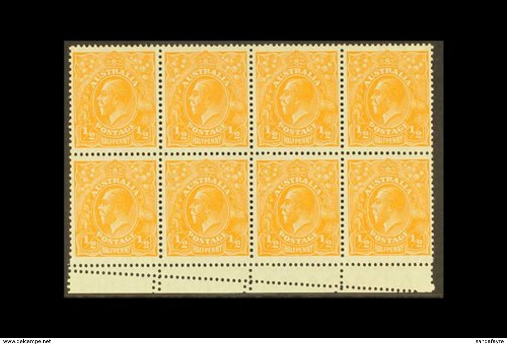 \Y 1928\Y ½d Orange - Perf 13½ X 12½, SG 94, Brusden White 69(9) Marginal Block Of 8 Showing Double Perforation In Margi - Sonstige & Ohne Zuordnung