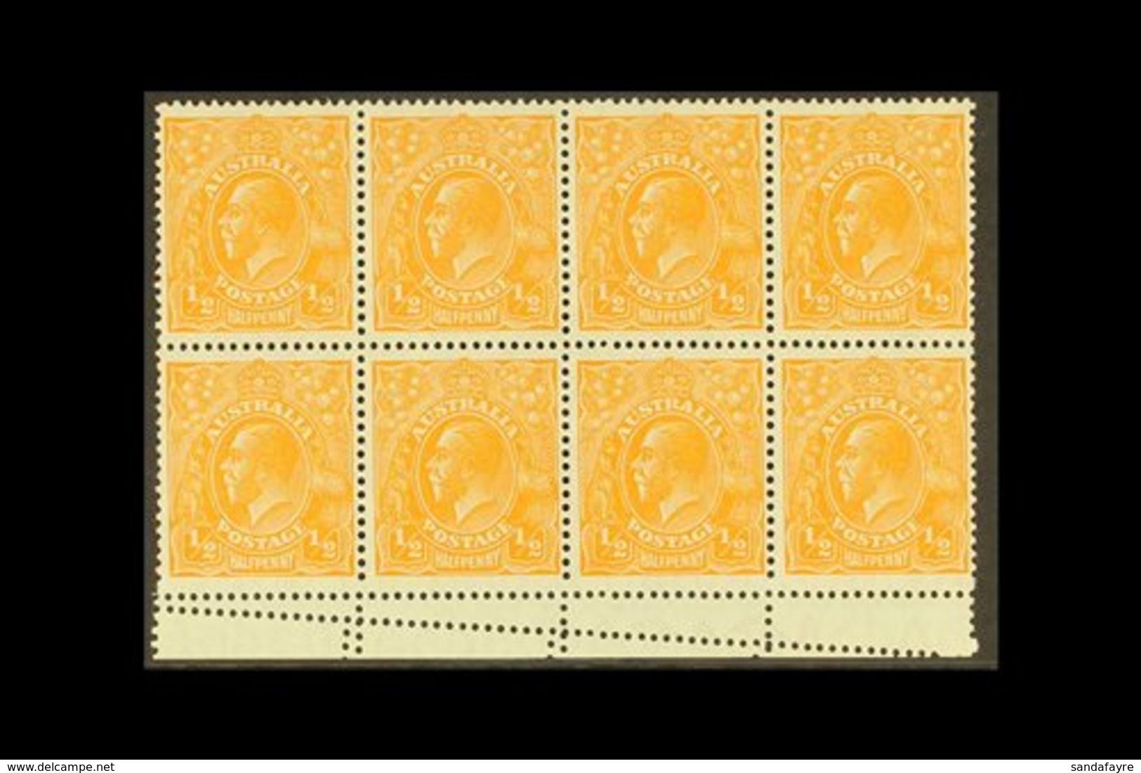 \Y 1928\Y ½d Orange - Perf 13½ X 12½, SG 94, Brusden White 69(9) Marginal Block Of 8 Showing Double Perforation In Margi - Autres & Non Classés