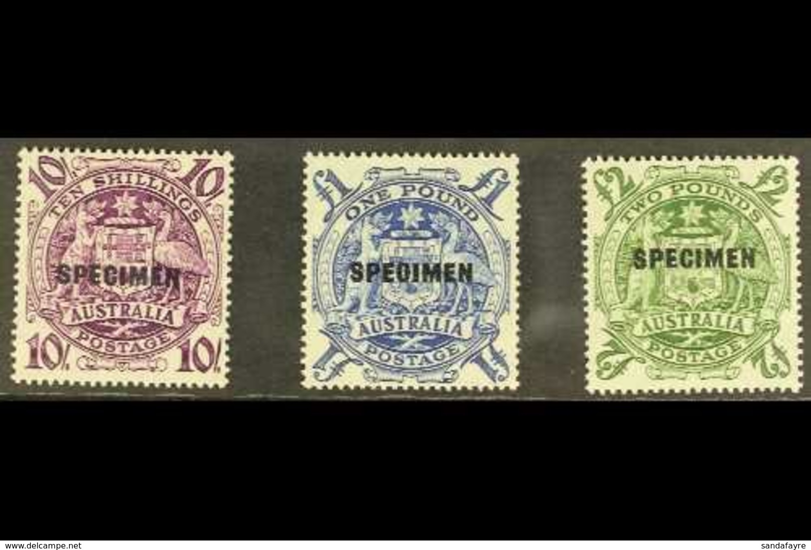 \Y 1948-56\Y 10s, £1, And £2 Arms Overprinted "SPECIMEN", SG 224bs/224ds, Never Hinged Mint. (3 Stamps) For More Images, - Other & Unclassified