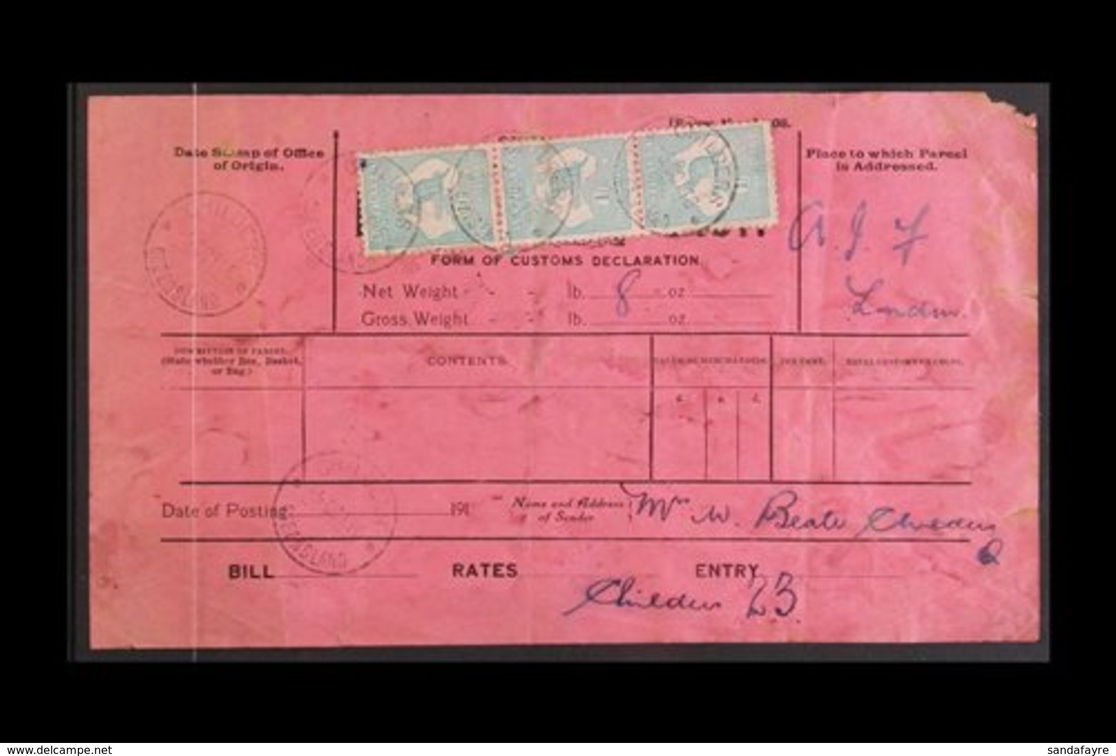 \Y CUSTOMS DECLARATION FORM\Y 1916 Pink Form, 1s 'Roo, Vertical Strip Of 3 Affixed & Tied By "CHILDERS 5 OCT 16" Postmar - Other & Unclassified