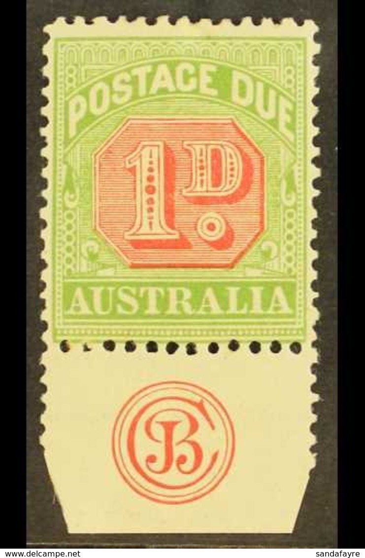 \Y POSTAGE DUES\Y 1909 1d Rosine And Yellow Green Die 1, Very Fine Mint Lower Marginal Copy Showing JBC Monogram. For Mo - Other & Unclassified