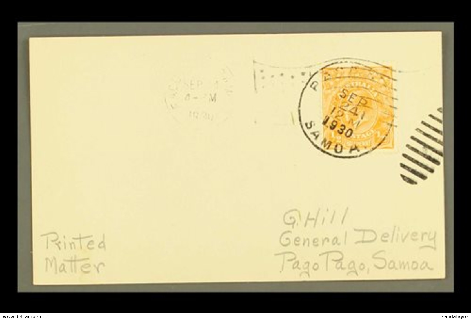 \Y USED IN AMERICAN SAMOA\Y 1930 Plain Postcard Endorsed "Printed Matter," Franked ½d Orange KGV Head, Cancelled Twice B - Autres & Non Classés