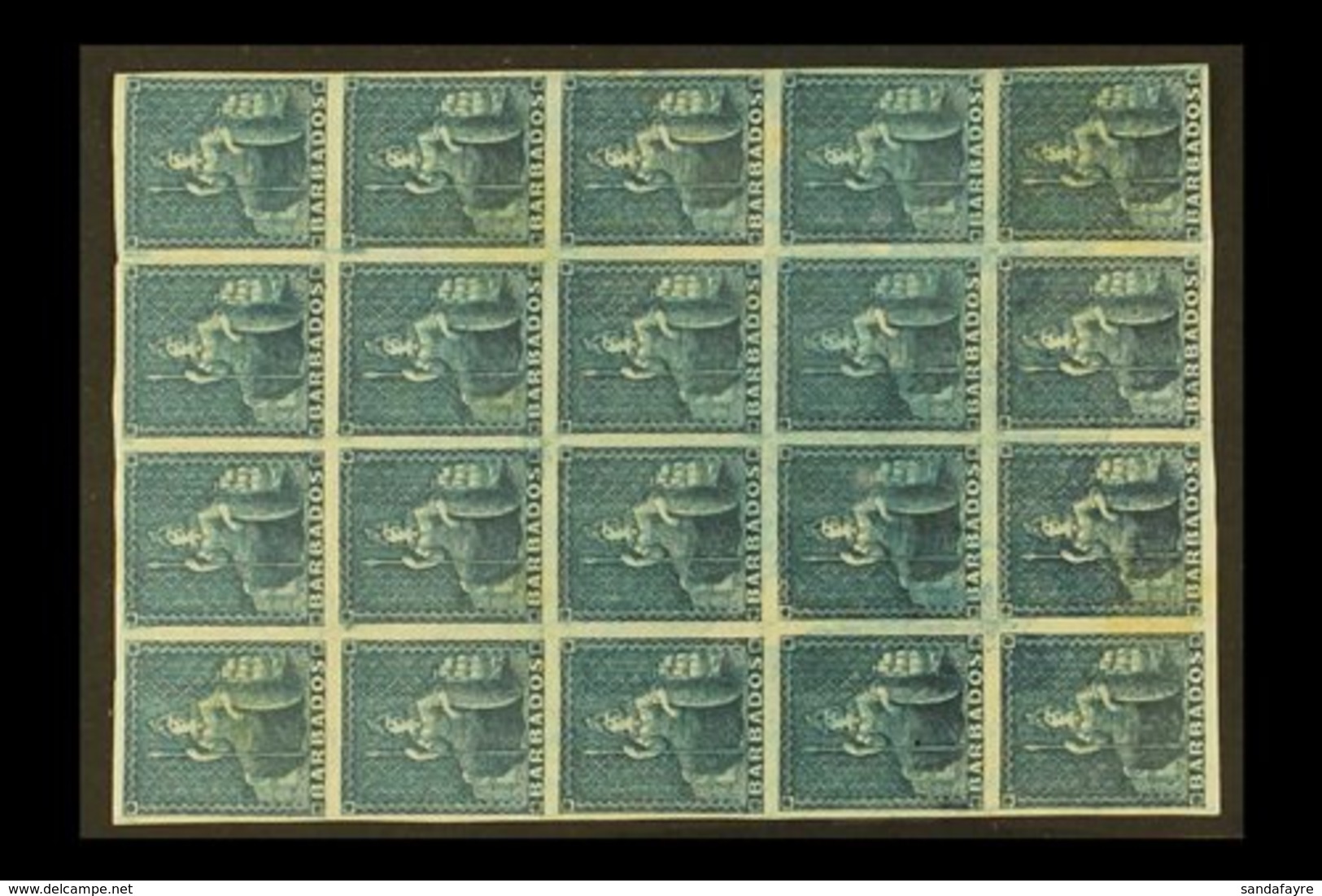 \Y 1852-55\Y Slate-blue Britannia, SG 5a, Mint Block Of Twenty (4x5), Most Are Never Hinged, Some Light Age Marks For Mo - Barbados (...-1966)