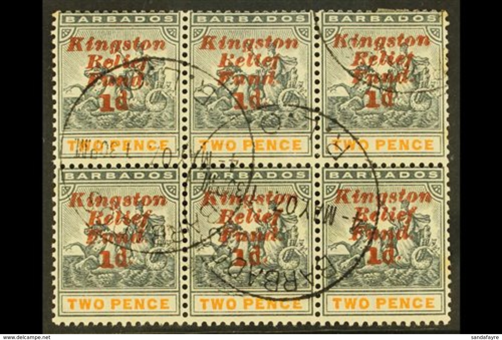 \Y 1907 KINGSTON RELIEF FUND\Y (Eighth Setting) Upright Overprint 1d On 2d, SG 153, Fine Used BLOCK OF SIX (3 X 2) Inclu - Barbados (...-1966)