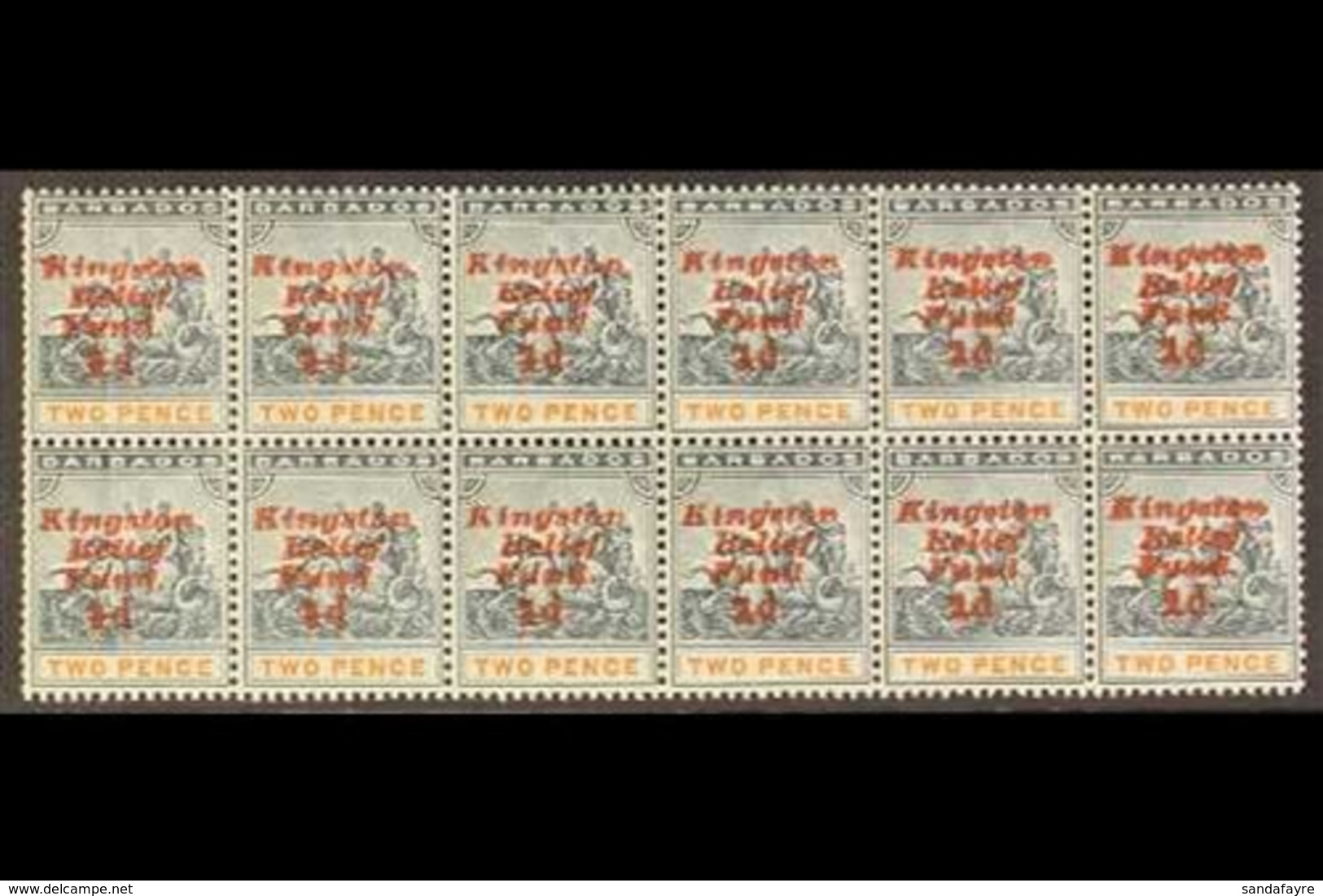 \Y 1907 MULTIPLE WITH VARIETIES\Y KINGSTON RELIEF FUND, PART PANE Of 12 Stamps - Fifth Setting, Ovpt Upright, With Missi - Barbades (...-1966)