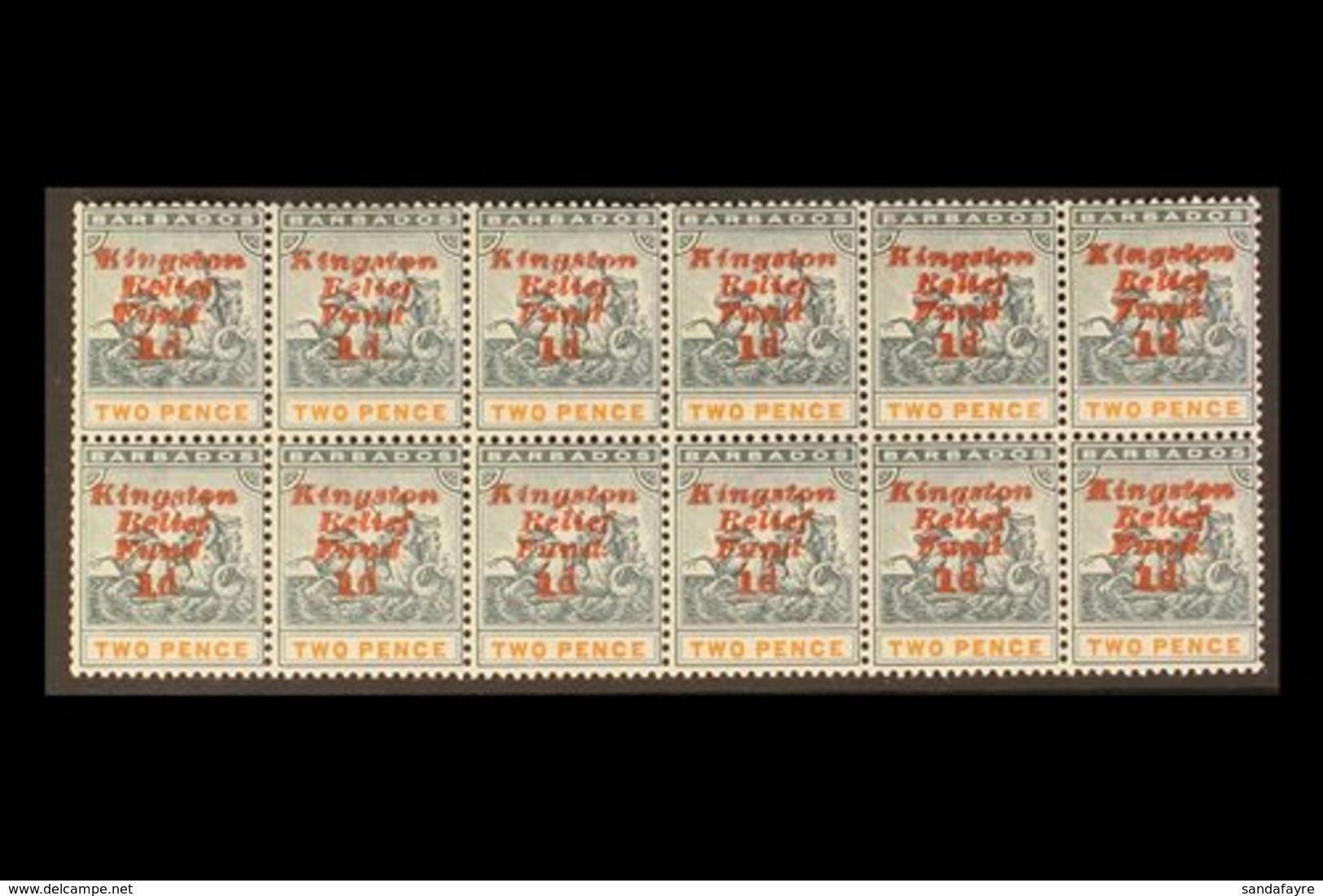 \Y 1907 MULTIPLE WITH VARIETIES\Y KINGSTON RELIEF FUND, PART PANE Of 12 Stamps - Fifth Setting, Ovpt Upright, With Missi - Barbados (...-1966)